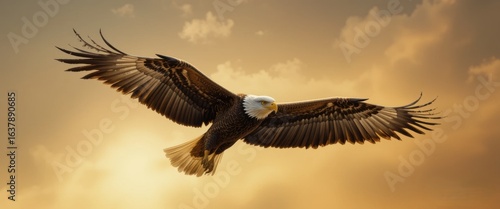 Wallpaper Mural A majestic eagle soars gracefully against a backdrop of golden clouds during sunset, showcasing its powerful wingspan and keen gaze. Torontodigital.ca