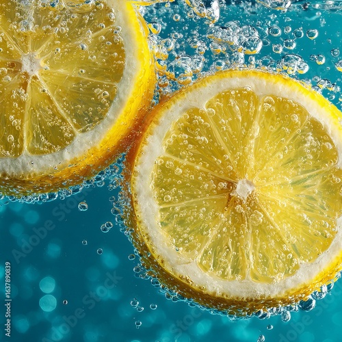 Slices of lemon falling into sparkling soda water, fizzing bubbles surrounding the slices, bright yellow and crystal-clear textures, refreshing feel 