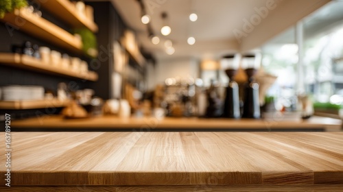 Wallpaper Mural Wooden Tabletop with Blurred Coffee Shop Background, Suitable for Product Mockups and Food Presentation Torontodigital.ca