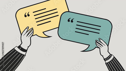 Two Hands Holding Speech Bubbles with Text.