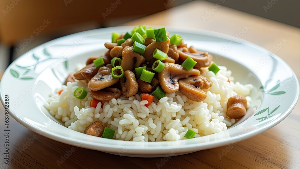 Savory sauteed mushrooms atop a bed of fluffy white rice. Savory sauteed mushrooms atop a bed of fluffy white rice.