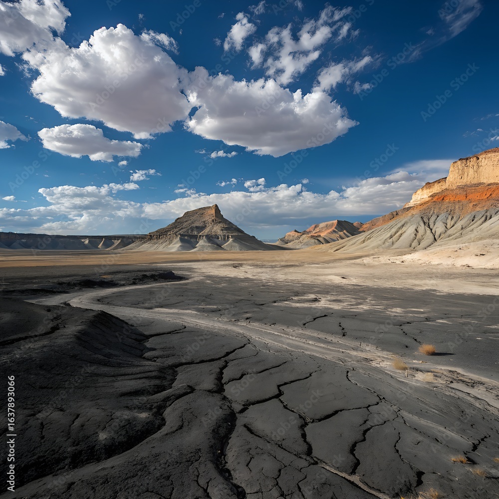 Fototapeta premium Dramatic badlands landscape with textured ground and distant mesas under a blue sky in utah