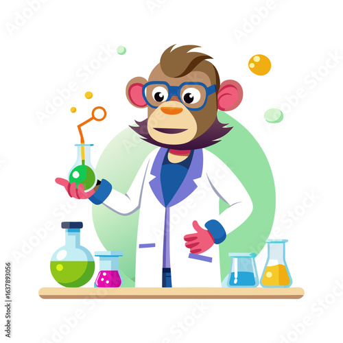 Playful monkey scientist in a white lab coat mixing colorful potions in chemistry lab, fun science vector illustration for creative projects