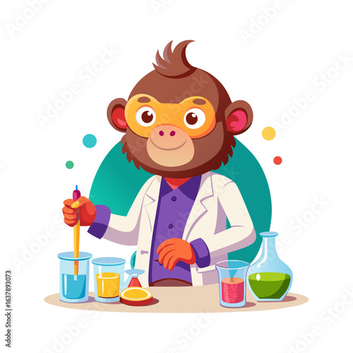 Playful monkey scientist in a white lab coat mixing colorful potions in chemistry lab, fun science vector illustration for creative projects