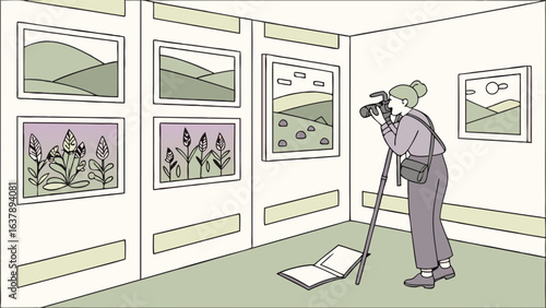 Woman photographing art in a gallery with landscapes and plants.