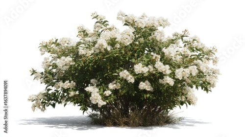 Isolated Blooming Bush with White Flowers on White Background