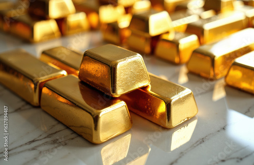 Wallpaper Mural Shiny gold bars arranged on marble surface with warm lighting Torontodigital.ca