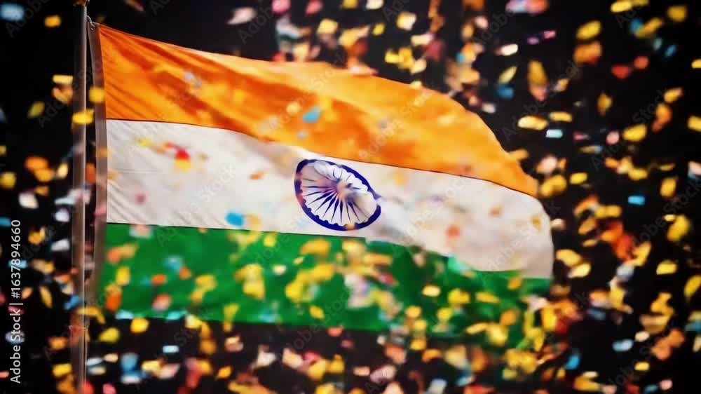 custom made wallpaper toronto digitalThe Indian national flag waving against a sky surrounded by colorful confetti.