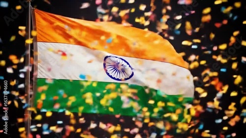 Wallpaper Mural The Indian national flag waving against a sky surrounded by colorful confetti. Torontodigital.ca