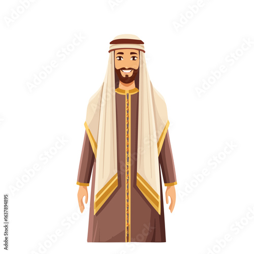 Man in traditional Middle Eastern clothing smiling warmly against black background full shot