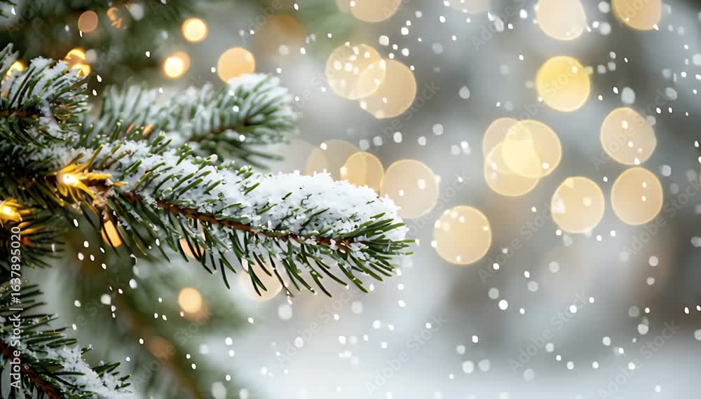 Close-up of green pine tree branches with snow and bokeh lights in the background, macro shot
Close-up of green pine tree branches with snow and bokeh lights in the background, macro shot