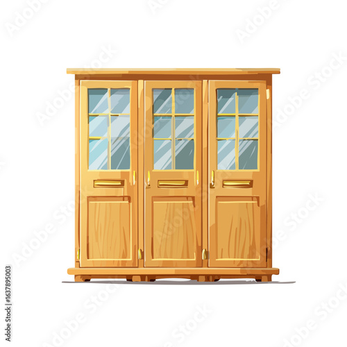 Illustration of a vintage wooden wardrobe with three glass doors and golden handles. For interior design concepts.