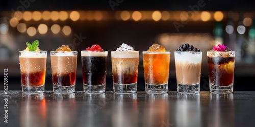 Row of colorful dirty soda drinks with toppings on bar counter  