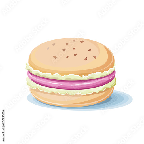 Sweet Macaron Sandwich on a Plate Cartoon Illustration Pastel Pink Cream Filling Delicious Treat Pastry Shop Bakery Confection Dessert