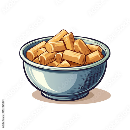 Bowl of crunchy bread croutons illustration appetizer food snack dish culinary cuisine cartoon style healthy eating lunch