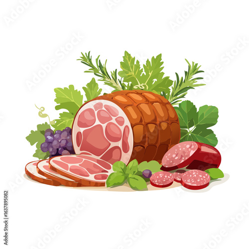 Assorted cured meats illustration with herbs and grapes gourmet food arrangement