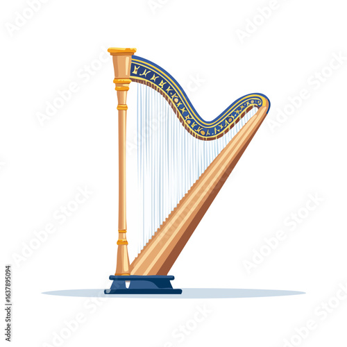 Elegant stringed harp instrument with ornate decoration standing on a white surface.