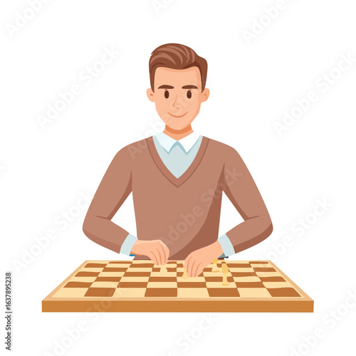 Man playing chess strategy game with chess pieces on board, concentration and thoughtful expression, isolated illustration