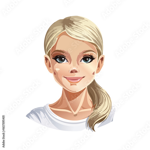 Illustration of a Young Blonde Woman Smiling with Ponytail on Black Background