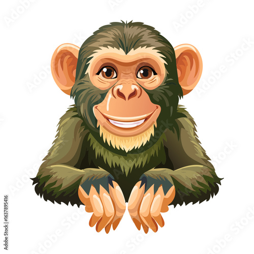 Cartoon illustration of a smiling chimpanzee with hands resting on a black background