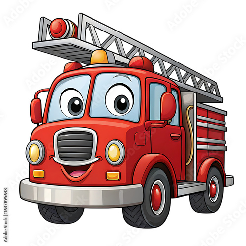 Smiling red cartoon fire truck character.