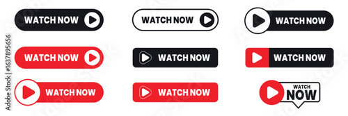 Watch now buttons icon collection with different style. Play now. Web media symbol.