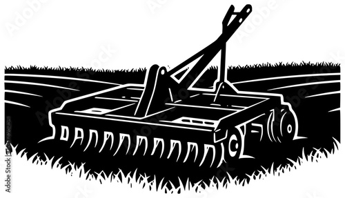 Harrow agriculture tool in a field with tractor for soil preparation and crop management equipment