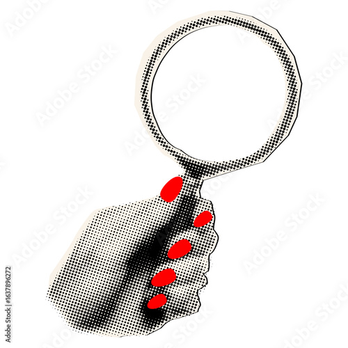 Halftone collage female hand with magnifying glass,modern retro vector illustration for poster, print, banner