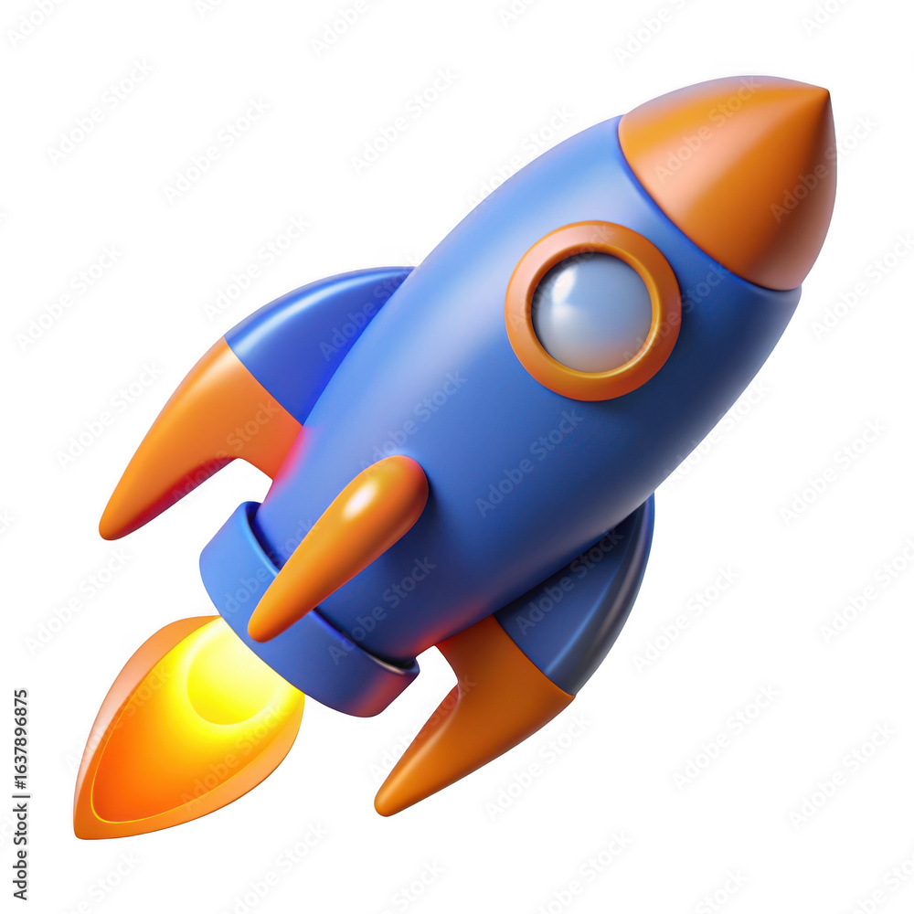 Cartoon blue and orange rocket ship launching isolated on transparent background