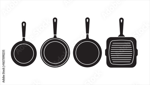 Various Frying Pans and Grill Pan in Black Silhouette Vector Graphic Representing Kitchenware and Culinary Equipment for Cooking Different Meals
