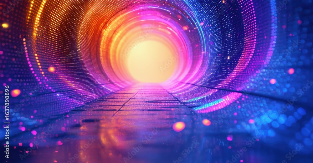 Obraz premium Vibrant tunnel, glowing light source. Digital art, futuristic design, colorful patterns create immersive experience. Brightness dominates scene.