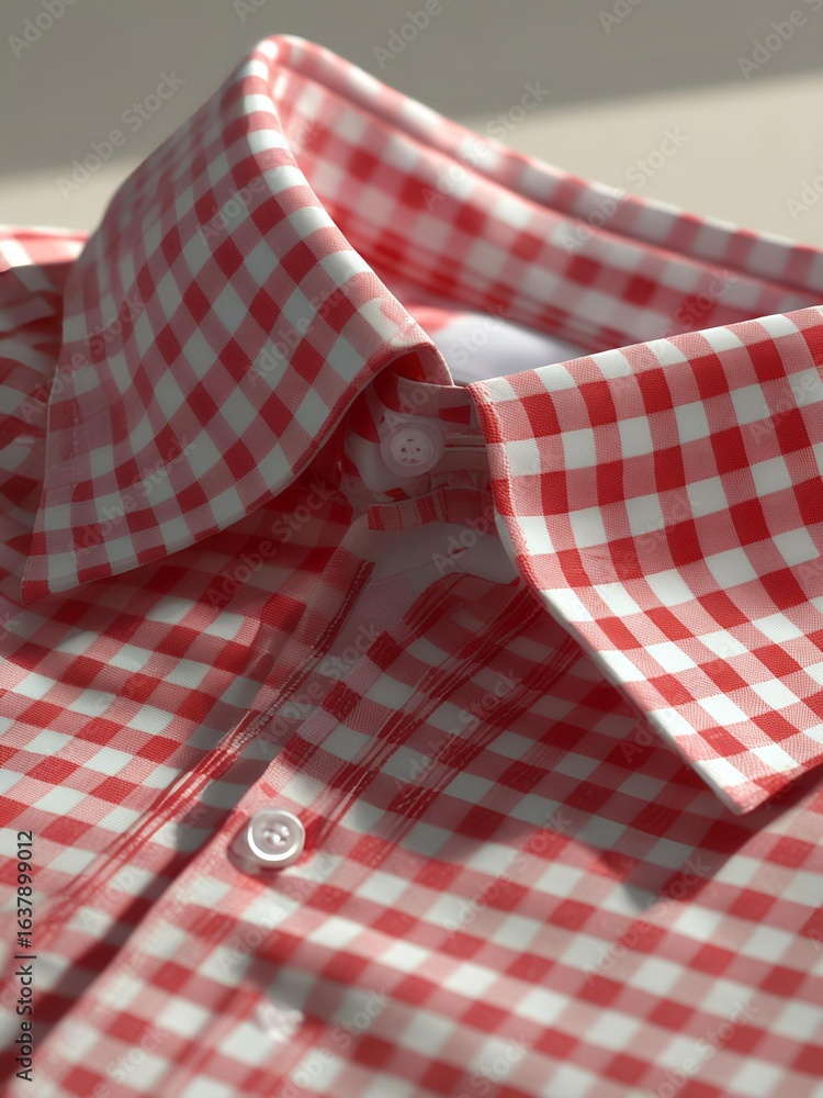 Obraz premium Red and White Gingham Pattern Button Down Shirt Close Up 