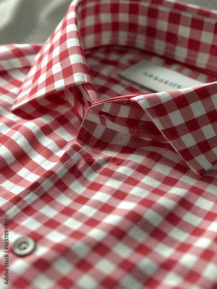 Fototapeta premium Red and White Gingham Pattern Button Down Shirt Close Up 