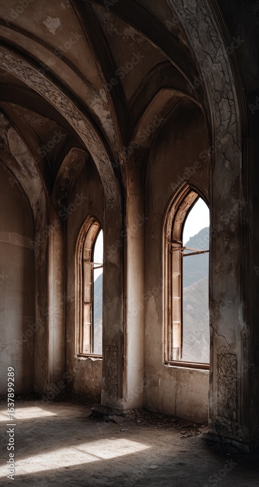 Obraz premium Ruined interior with arched windows and sunlight