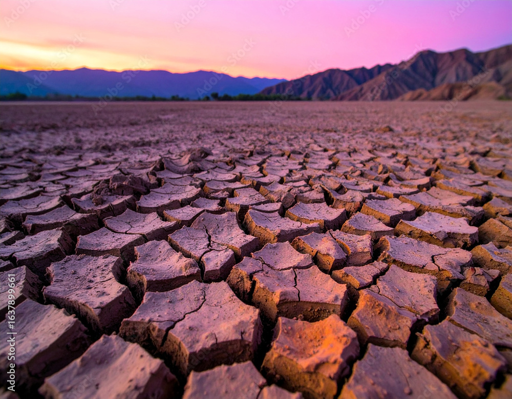 Fototapeta premium Cracked Earth Landscape at Sunset with Mountains