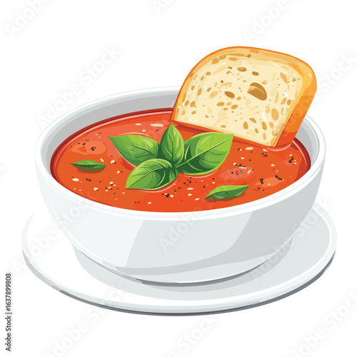 flat vector of a bowl of tomato soup with basil and bread on the side