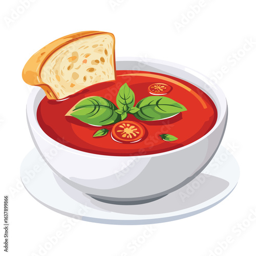 flat vector of a bowl of tomato soup with basil and bread on the side