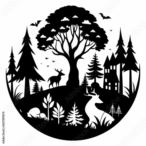 Forest Fable vector clean black silhouette design white background
