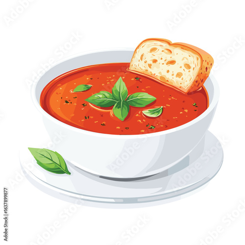 flat vector of a bowl of tomato soup with basil and bread on the side
