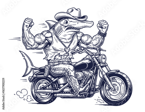Muscular anthropomorphic shark in cowboy hat riding motorcycle, flexing arms, wearing tank top and jeans, detailed illustration.