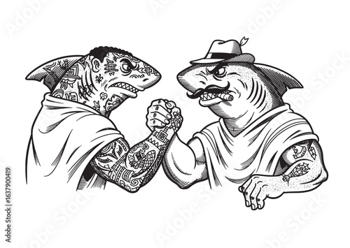 Two muscular anthropomorphic sharks arm wrestling, covered in tattoos, one wearing hat and cigar, drawn in vintage style.