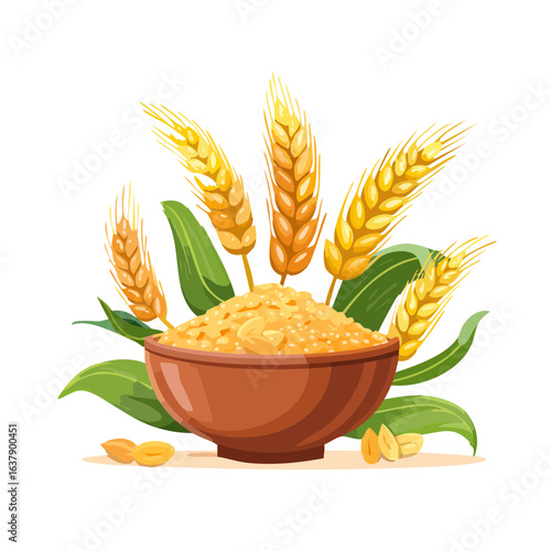 Bowl of grain, wheat, cereal, and leaves. Healthy eating and farming concept illustration.