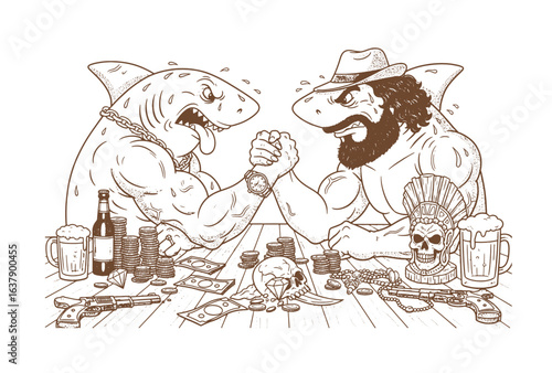 Two muscular anthropomorphic sharks arm wrestling, covered in tattoos, one wearing hat and cigar, drawn in vintage style.