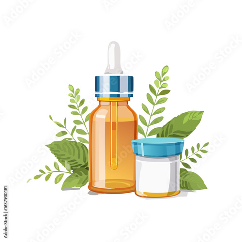 Alternative medicine, dropper bottle and jar with green leaves on black background