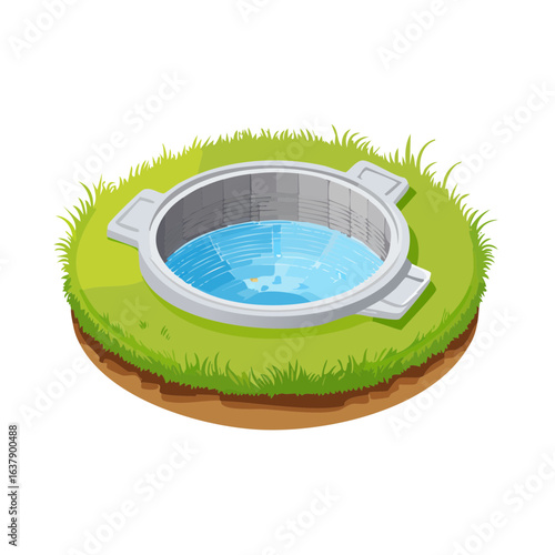 Isometric well with water on a grassy patch, cartoon illustration isolated on black background.