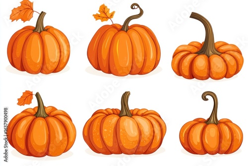 Orange Pumpkin Set Isolated on White Background. Multiple Pumpkin Jack-o-Lanterns Halloween Concept. Autumn Harvest Clip Art. Pumpkins with Clipping Path. Fall Season Decoration Design.