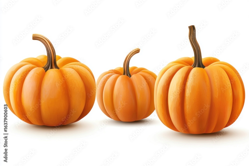 Fototapeta premium Orange Pumpkin Set Isolated on White Background. Multiple Pumpkin Jack-o-Lanterns Halloween Concept. Autumn Harvest Clip Art. Pumpkins with Clipping Path. Fall Season Decoration Design.