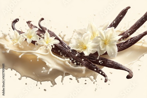 Vanilla beans and flowers in milk splash