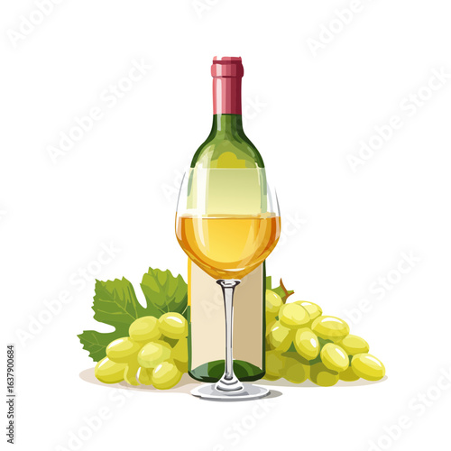 Still life illustration white wine bottle filled glass grapes wine making winemaking beverage celebration harvest food drink