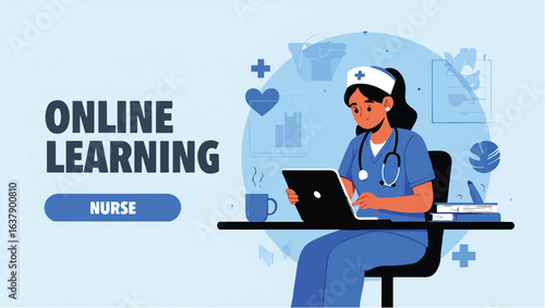 Healthcare education concept with a nurse studying online on a laptop. Vector illustration of e-learning.